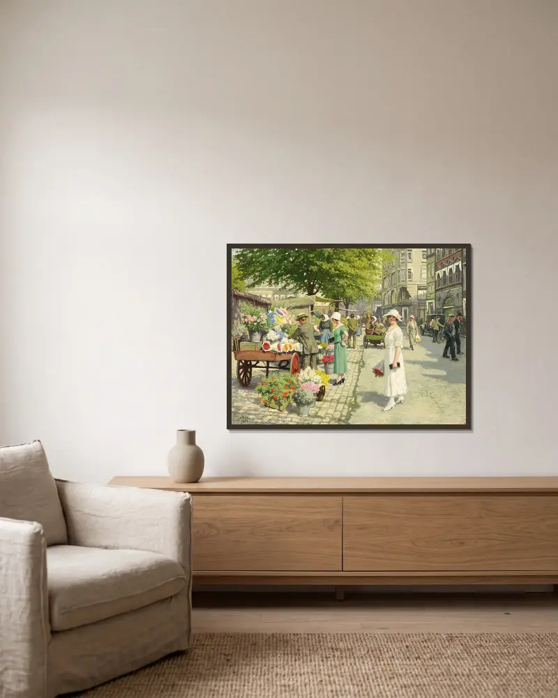 Damer, Der Køber Blomster På Amagertorv av Paul Fischer inramad på en vägg