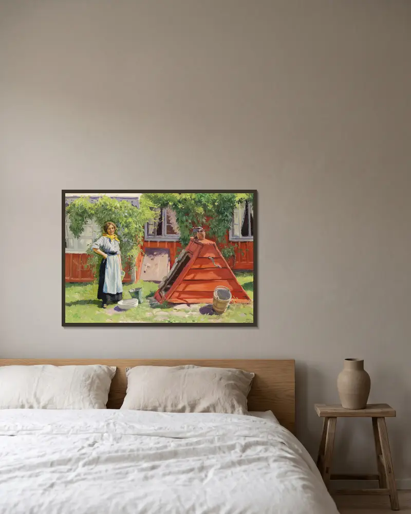 Flicka vid en brunn utanför ett rödmålat svenskt trähus av Paul Fischer inramad på en vägg