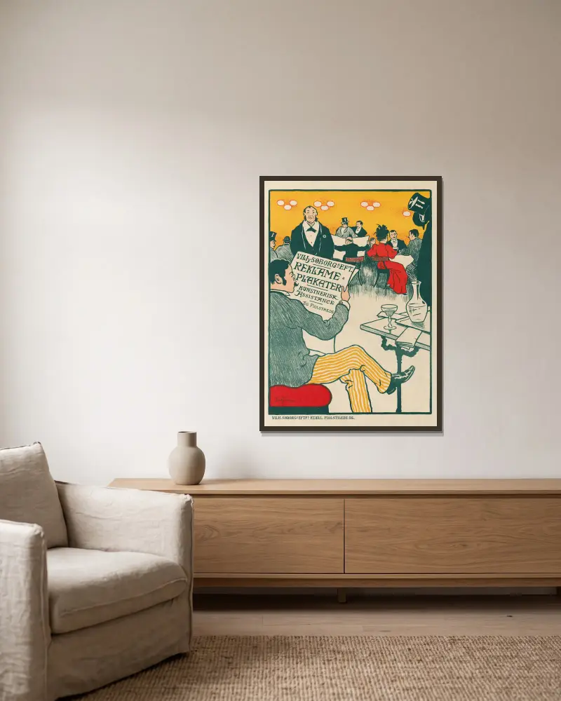 Poster for Exhibition of Artistic Posters of Wilhelm Söborg av Paul Fischer inramad på en vägg