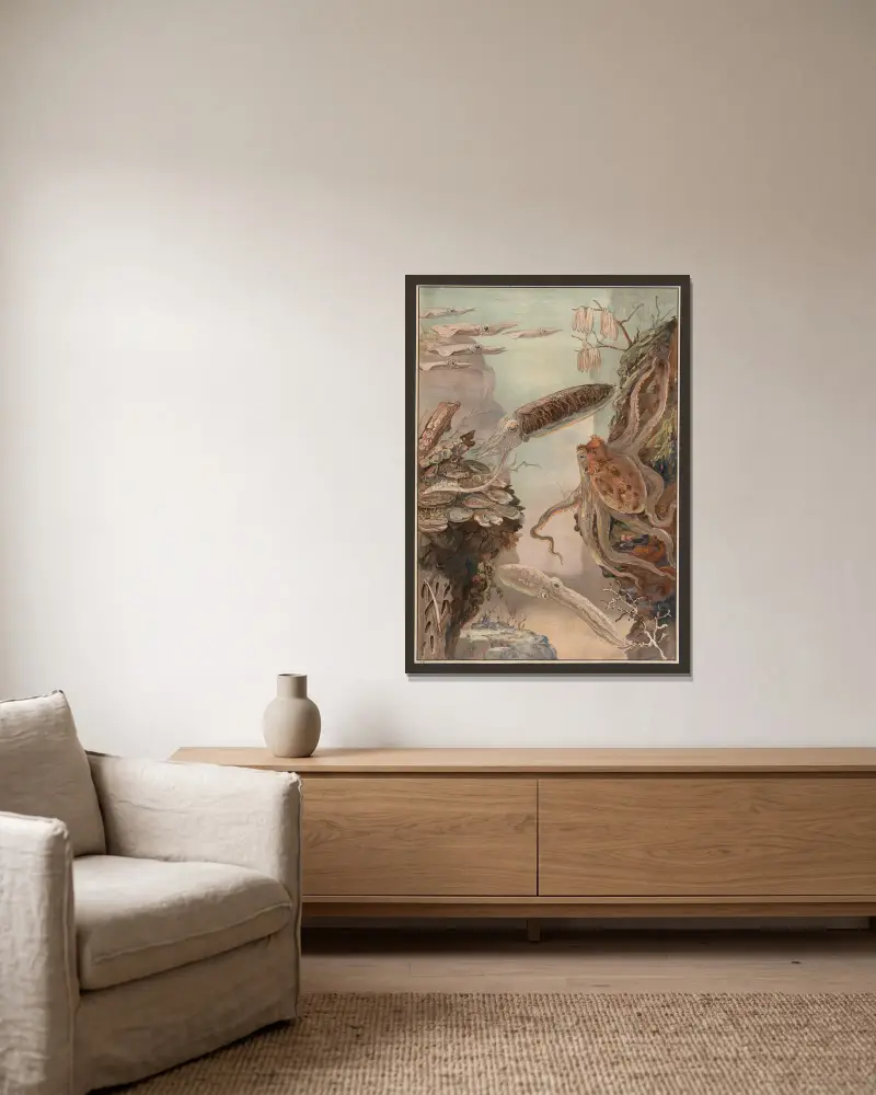 Polyps, mussels, oysters, etc. av Paul Flanderky inramad på en vägg