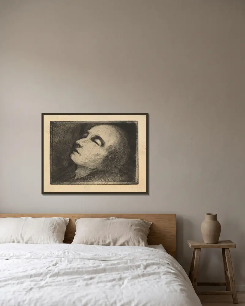 Vincent van Gogh på sin dödsbädd av Paul Gachet inramad på en vägg