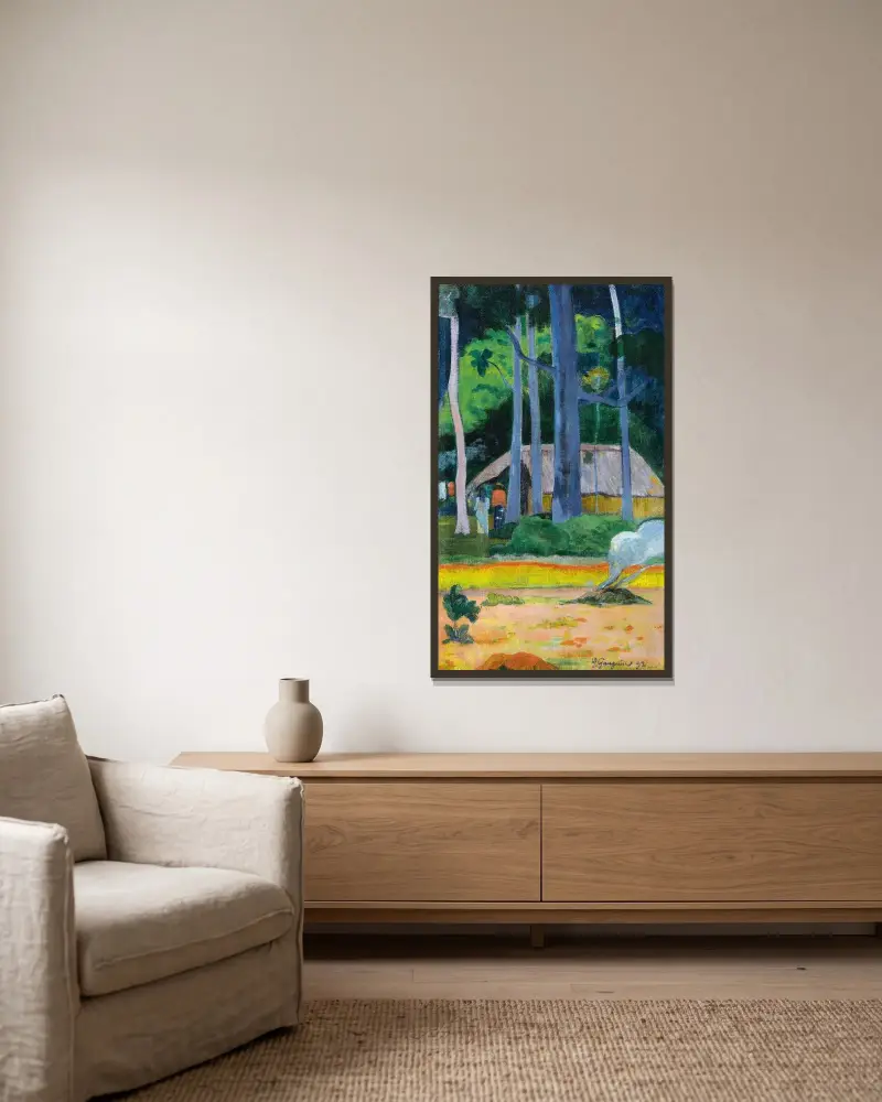 Cabane Sous Les Arbres av Paul Gauguin inramad på en vägg