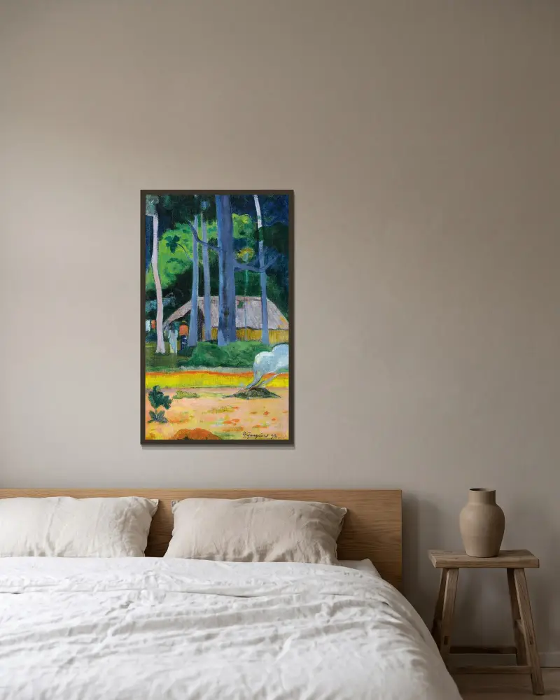 Cabane Sous Les Arbres av Paul Gauguin inramad på en vägg