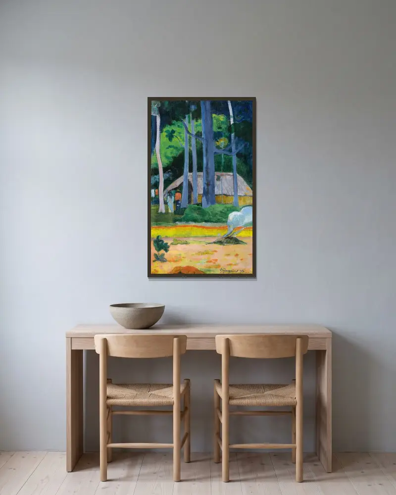 Cabane Sous Les Arbres av Paul Gauguin inramad på en vägg