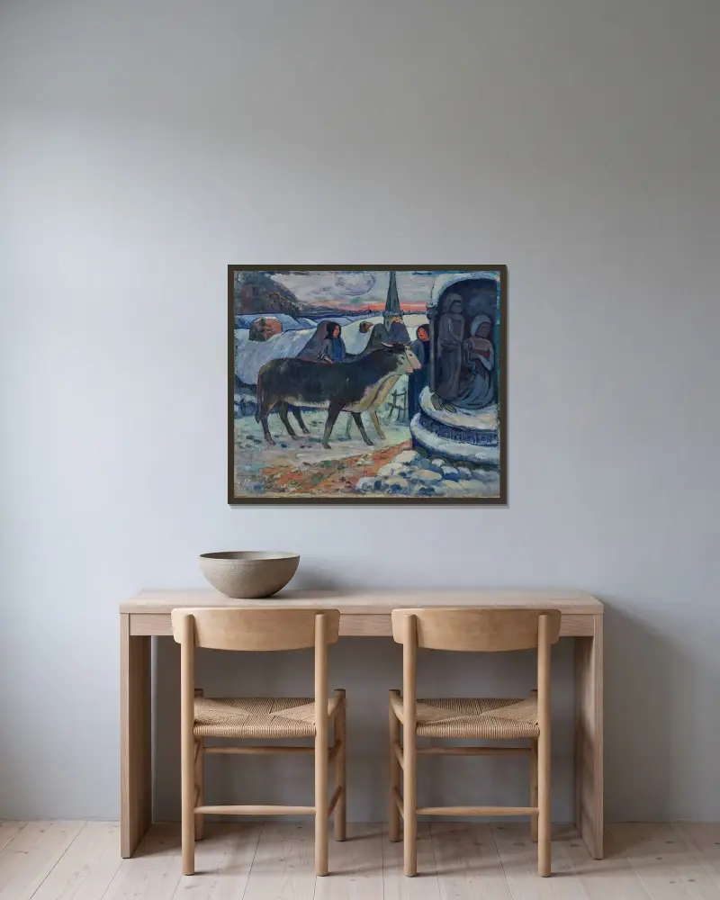 Christnacht (Der Segen der Ochsen) von Paul Gauguin gerahmt an einer Wand