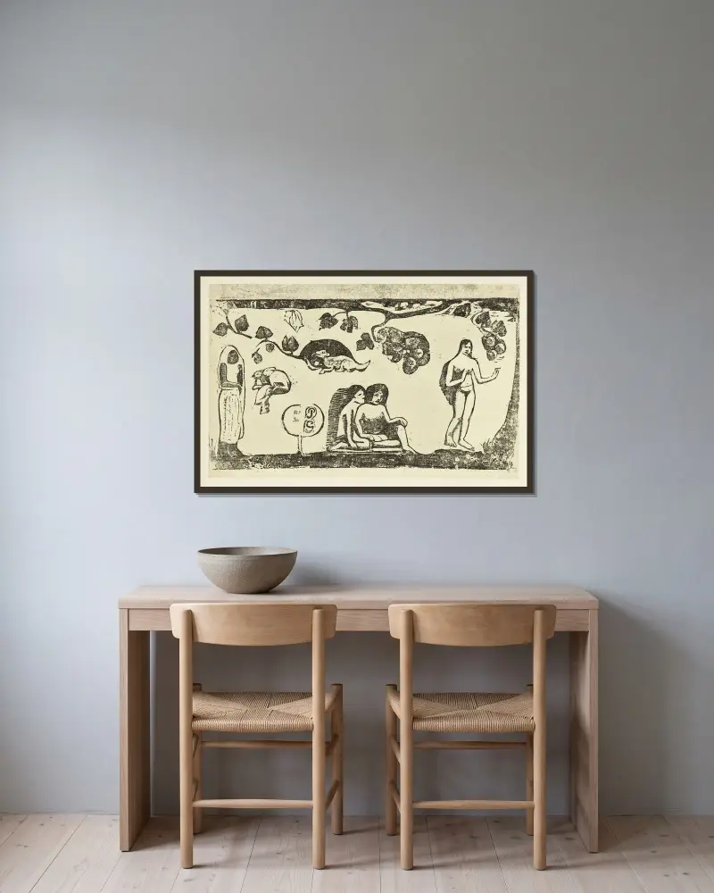 Femmes, animaux et feuillage av Paul Gauguin inramad på en vägg