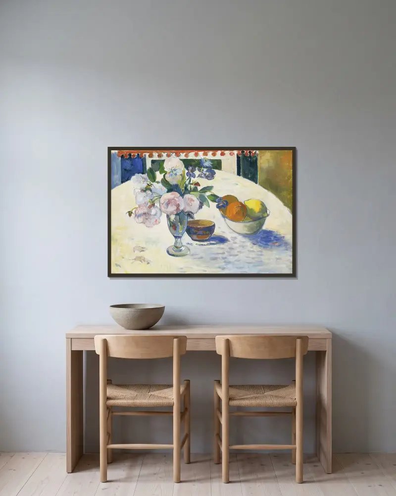 Flowers and a Bowl of Fruit on a Table av Paul Gauguin inramad på en vägg