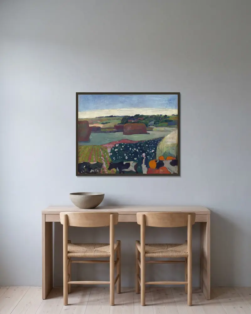 Haystacks in Brittany av Paul Gauguin inramad på en vägg