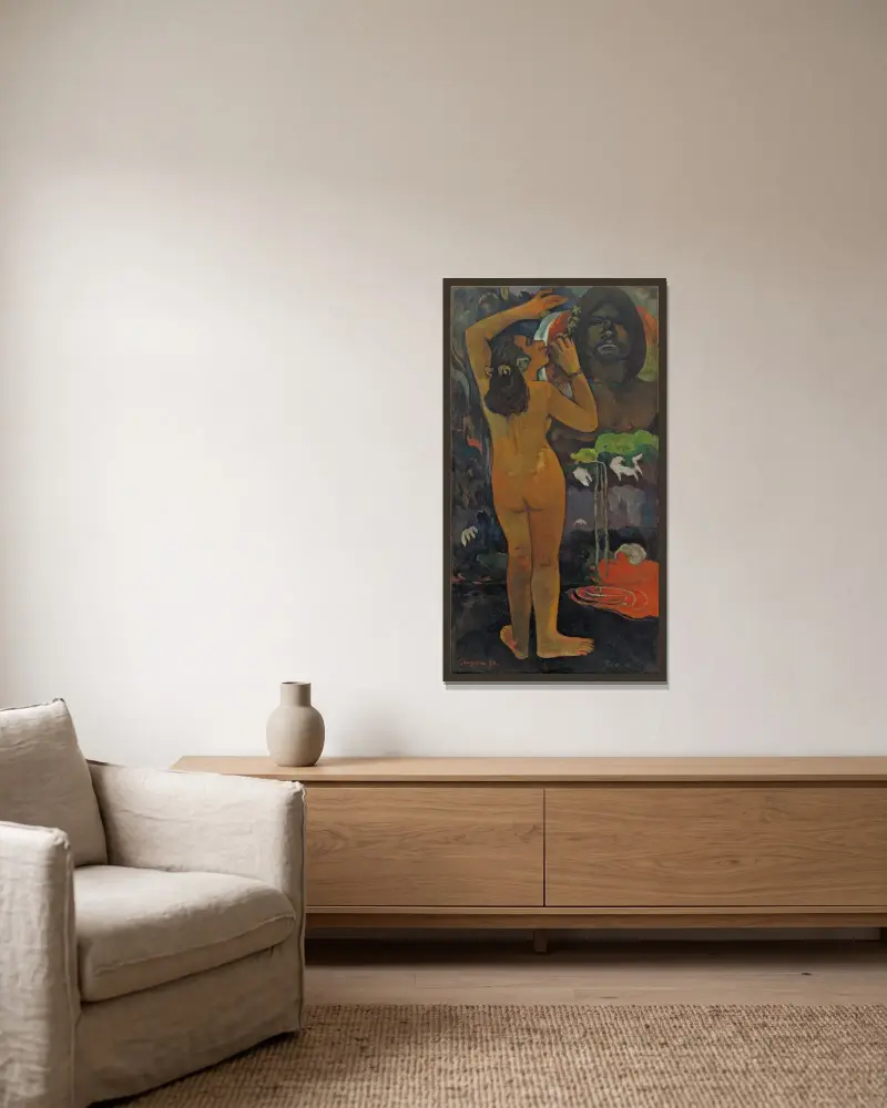 Hina Tefatou (Der Mond und die Erde) von Paul Gauguin gerahmt an einer Wand