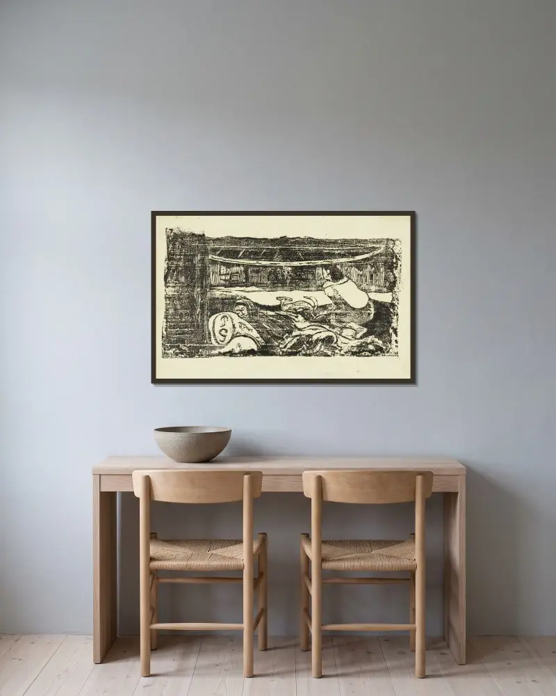 Interieur einer Hütte von Paul Gauguin gerahmt an einer Wand