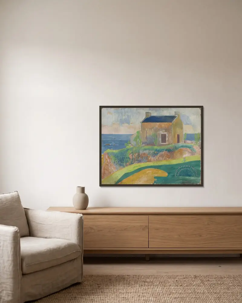 Das Haus des Gehängten von Paul Gauguin gerahmt an einer Wand