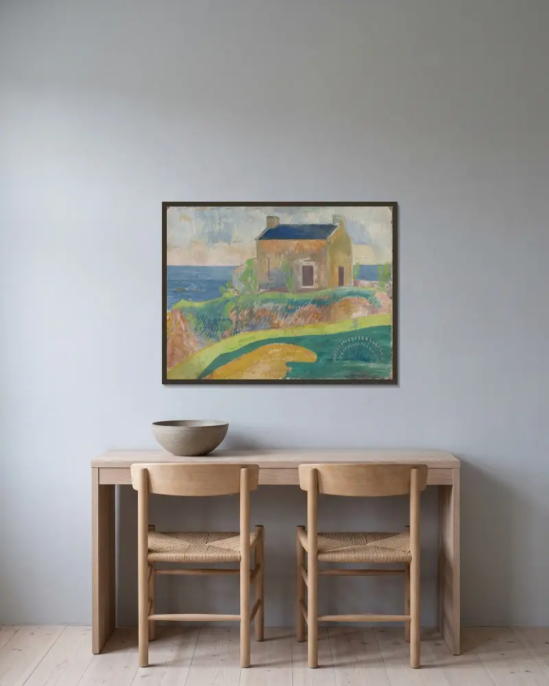 Das Haus des Gehängten von Paul Gauguin gerahmt an einer Wand