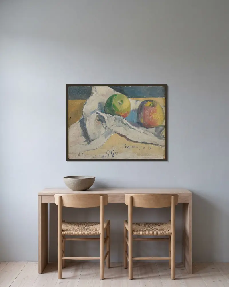 Nature morte aux pommes av Paul Gauguin inramad på en vägg