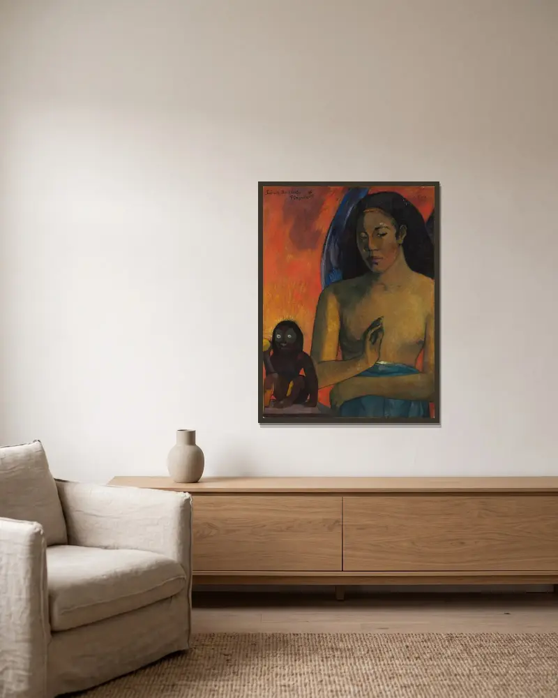 Poèmes barbares av Paul Gauguin inramad på en vägg