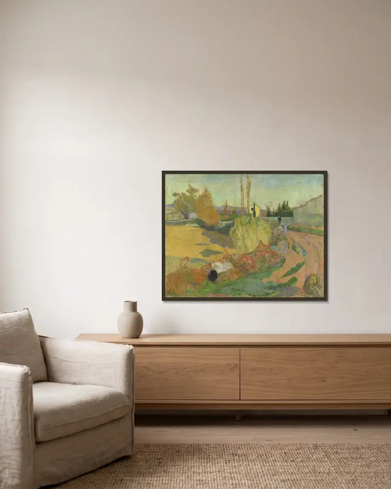 In der Nähe von Arles oder Der Bauernhof von Arles von Paul Gauguin gerahmt an einer Wand