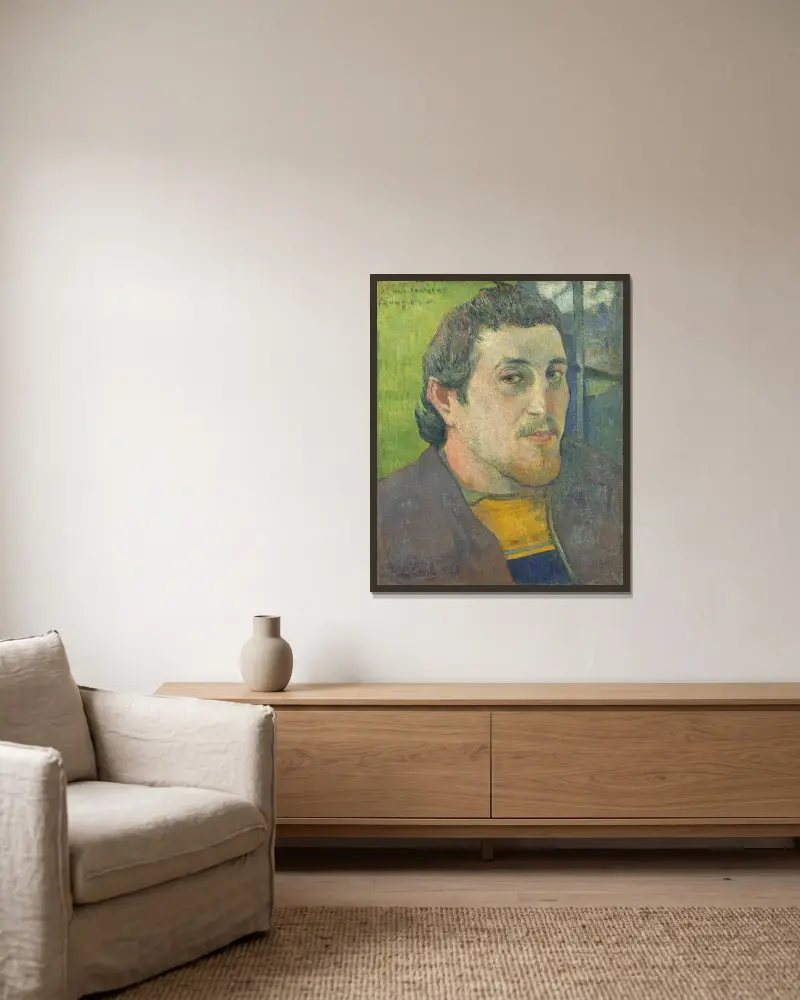 Self-Portrait Dedicated to Carrière av Paul Gauguin inramad på en vägg