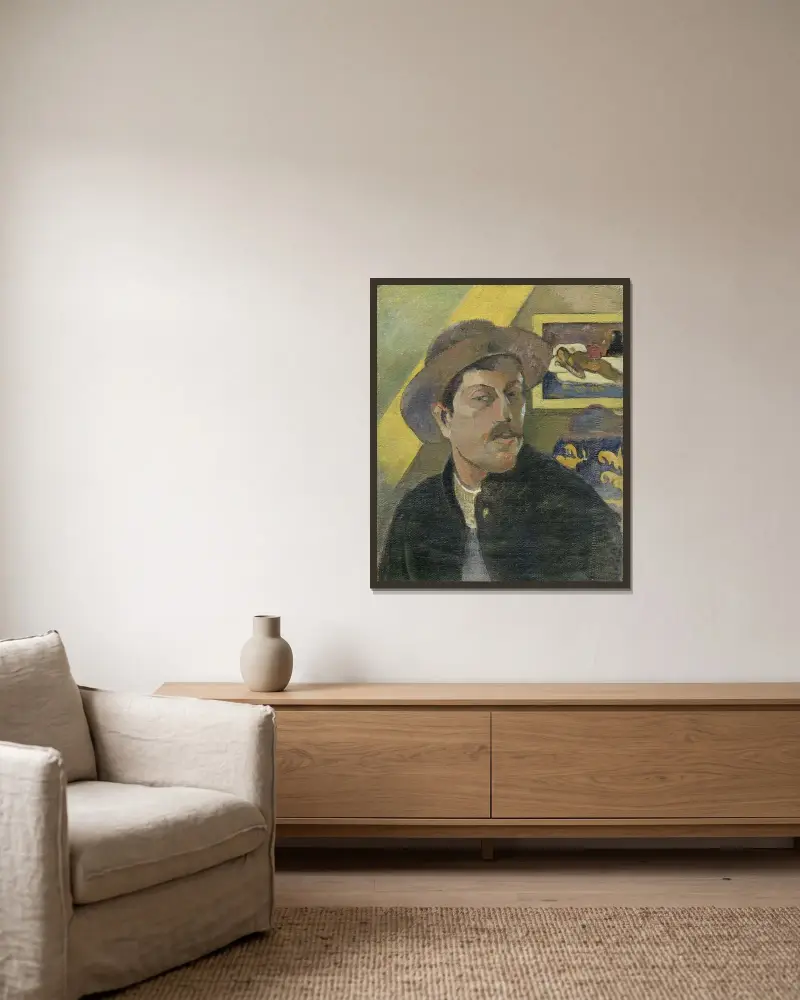 Self-portrait with a hat av Paul Gauguin inramad på en vägg