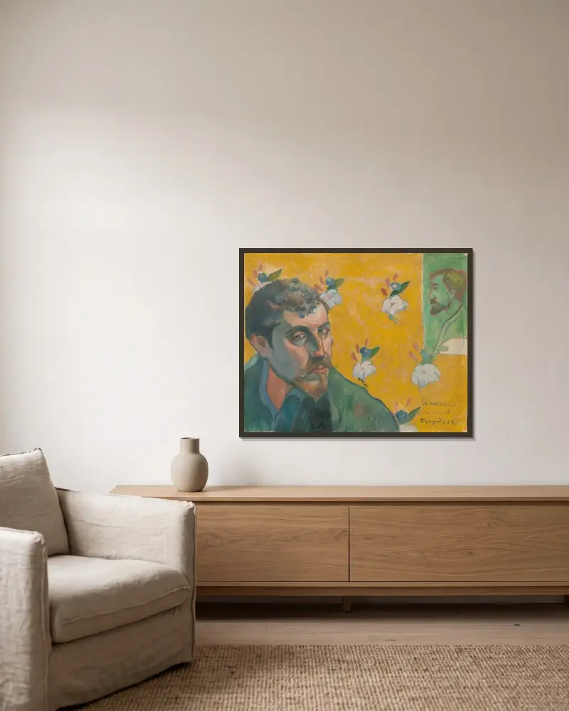 Self-portrait with portrait of Bernard, ‘Les Misérables’ av Paul Gauguin inramad på en vägg
