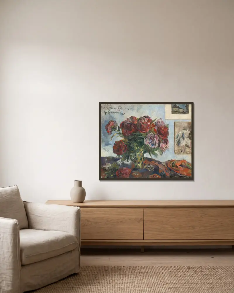 Still Life with Peonies av Paul Gauguin inramad på en vägg