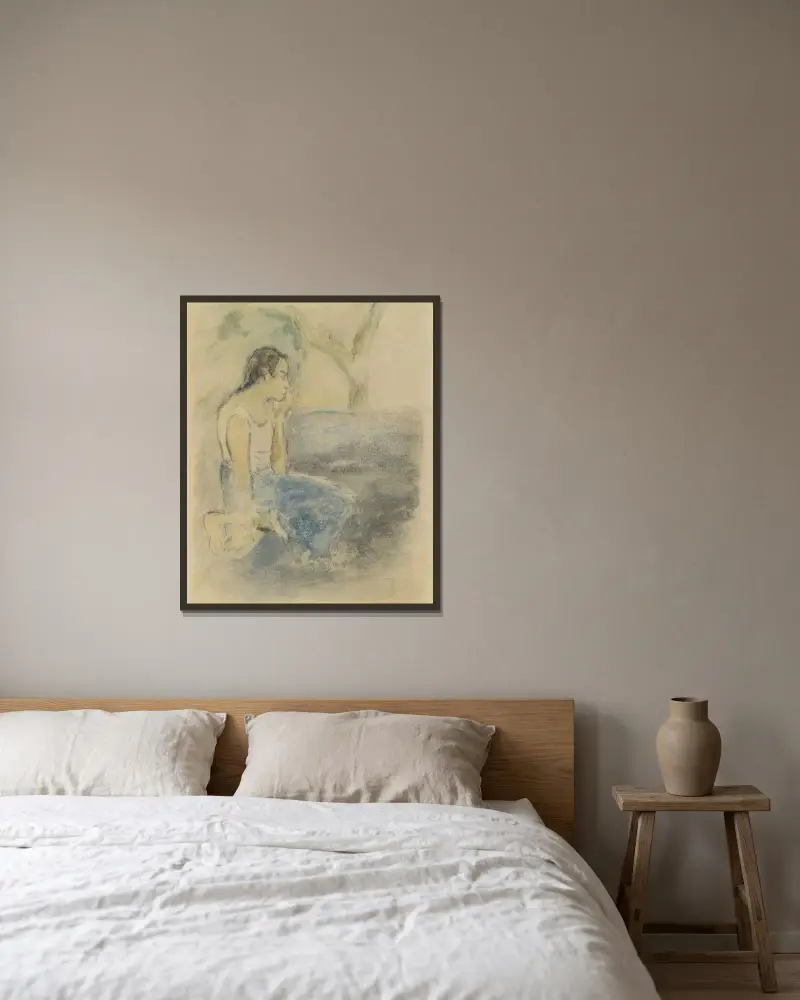 Sitzender Tahitianer von Paul Gauguin gerahmt an einer Wand