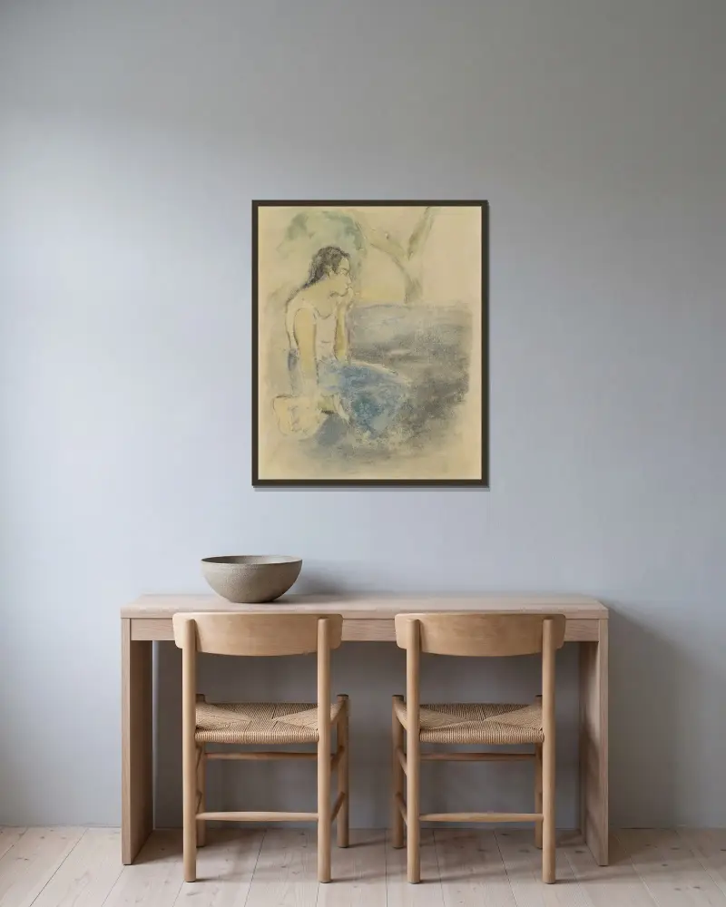 Sitzender Tahitianer von Paul Gauguin gerahmt an einer Wand