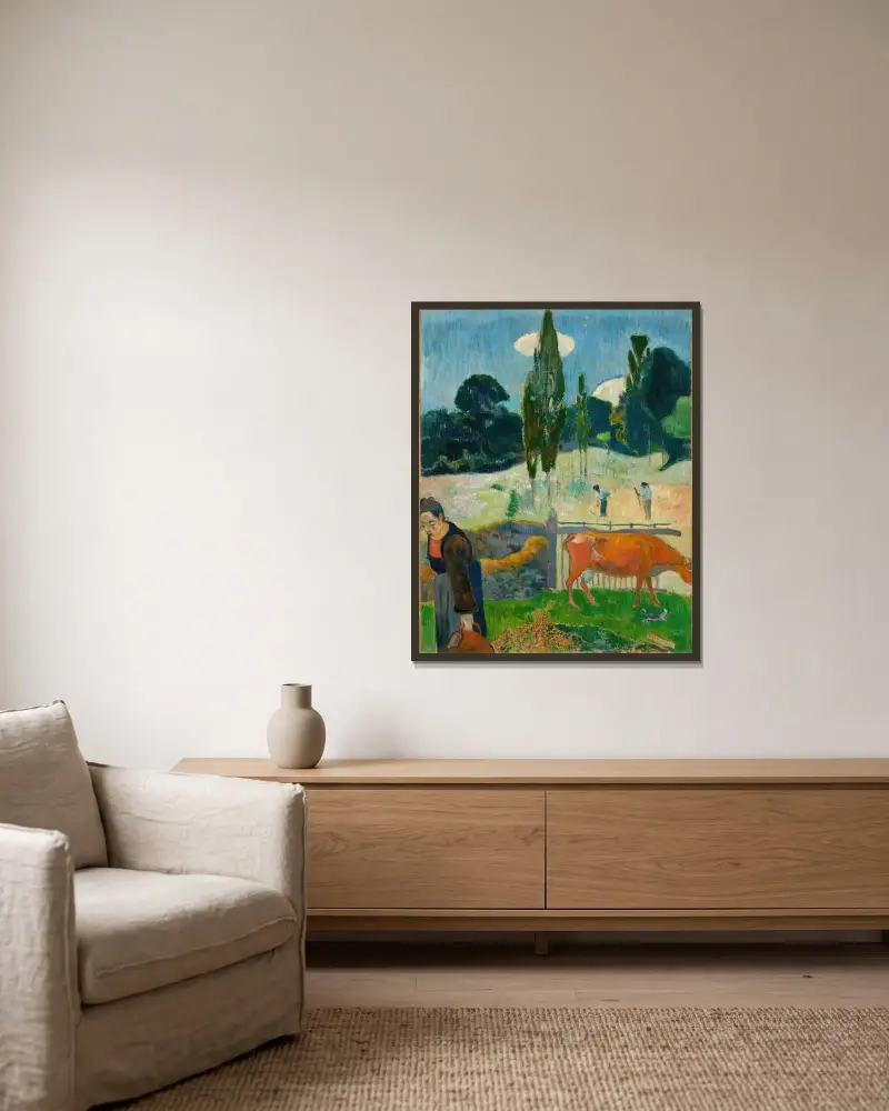 Die rote Kuh von Paul Gauguin gerahmt an einer Wand