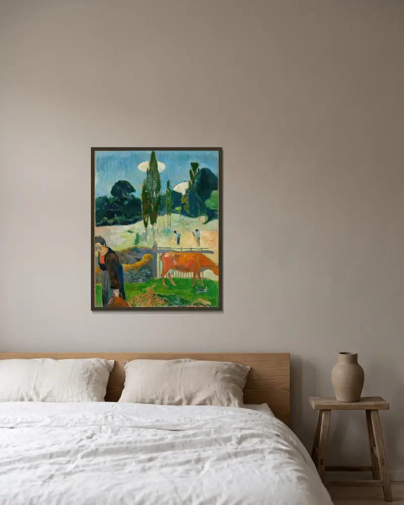 Die rote Kuh von Paul Gauguin gerahmt an einer Wand