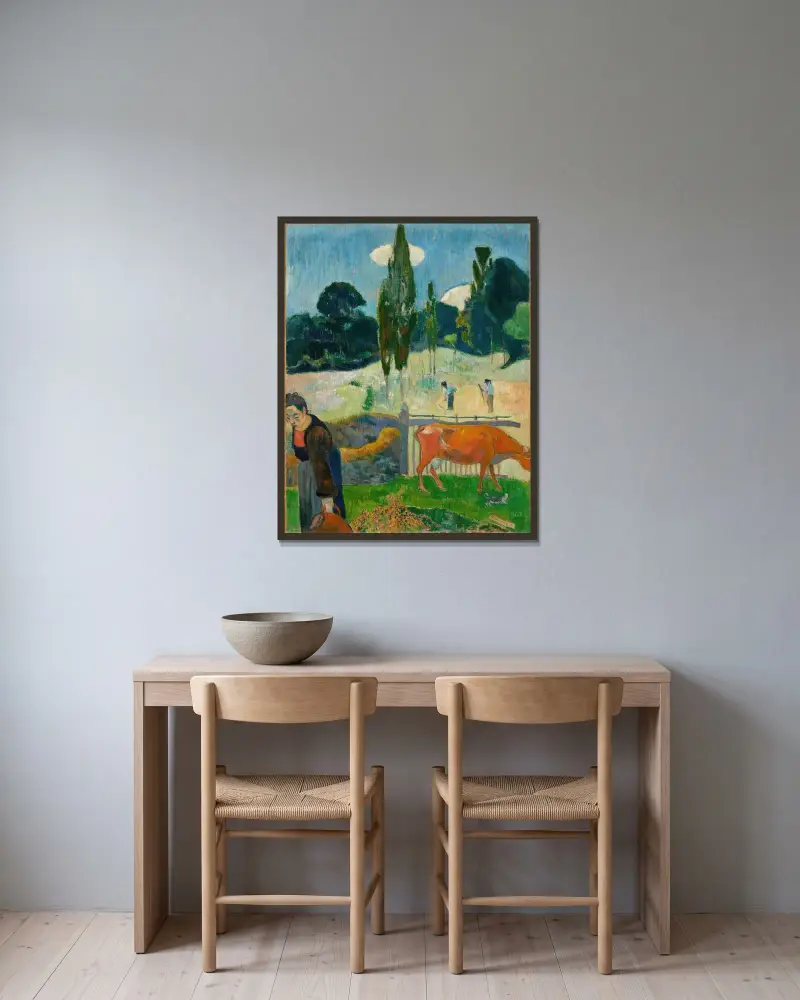 Die rote Kuh von Paul Gauguin gerahmt an einer Wand