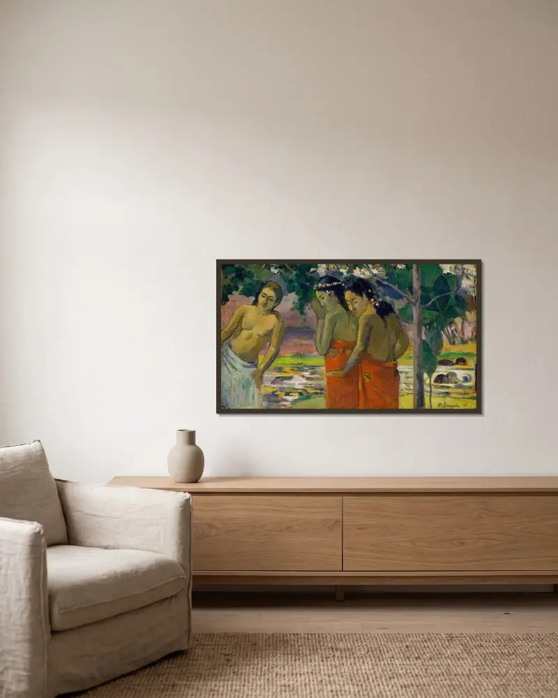 Three Tahitian Women av Paul Gauguin inramad på en vägg