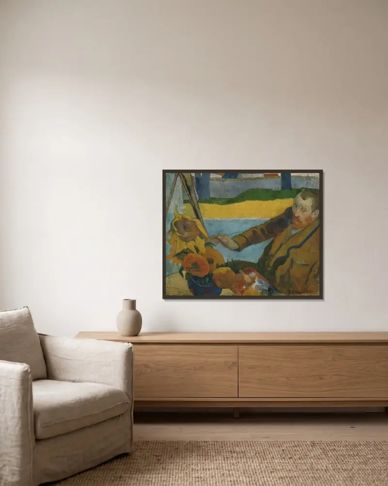Vincent van Gogh painting sunflowers av Paul Gauguin inramad på en vägg