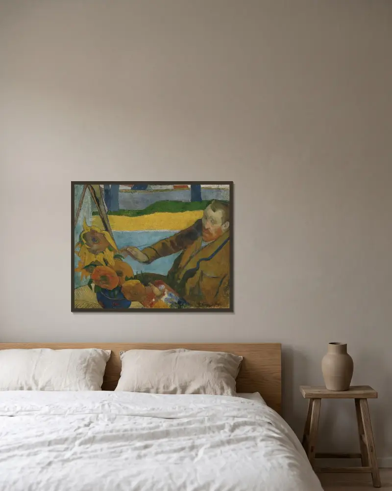 Vincent van Gogh painting sunflowers av Paul Gauguin inramad på en vägg