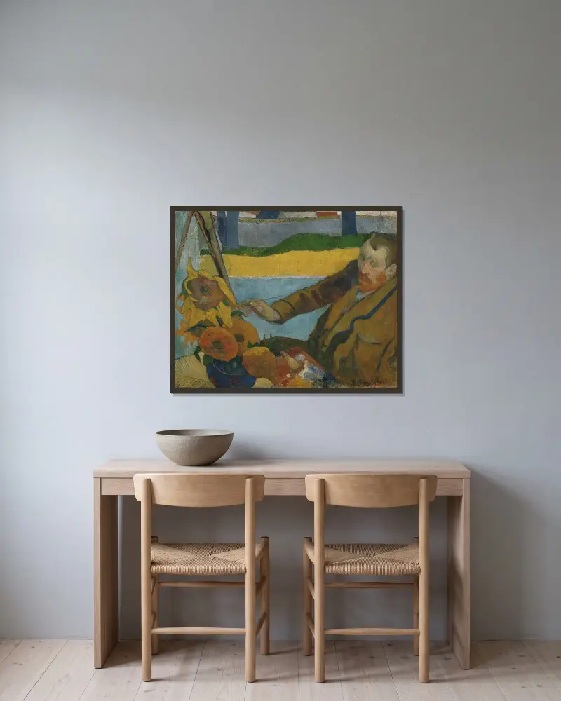 Vincent van Gogh painting sunflowers av Paul Gauguin inramad på en vägg