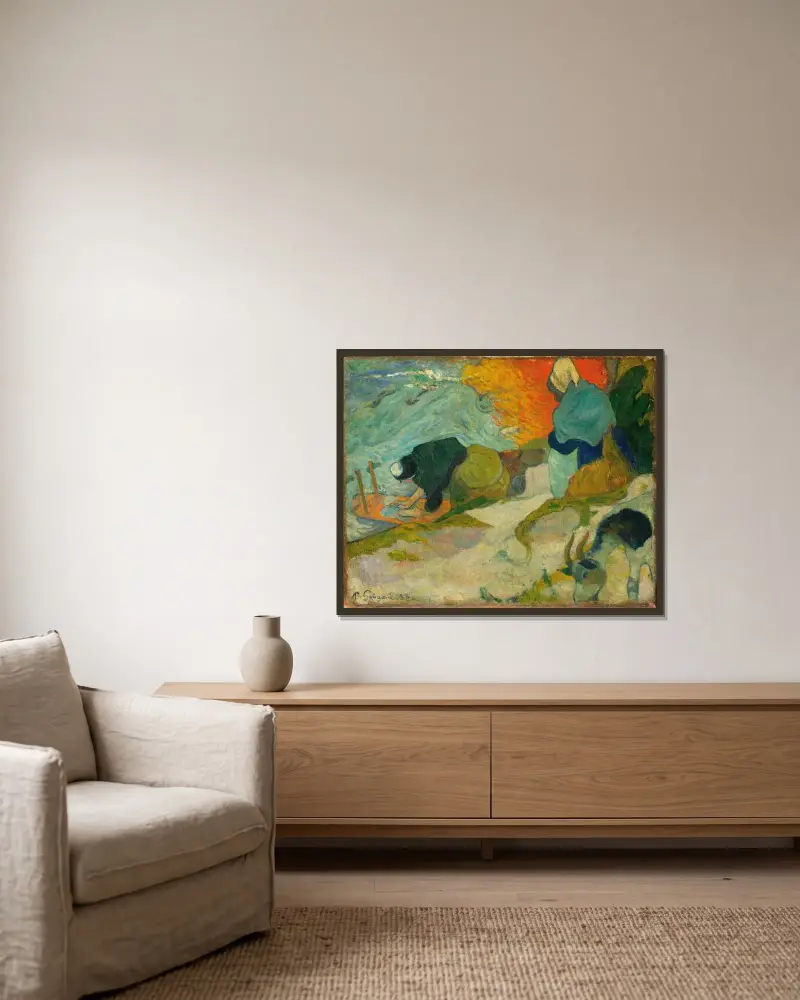 Washerwomen in Arles av Paul Gauguin inramad på en vägg