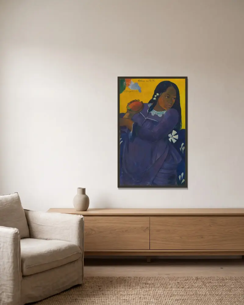 Woman with Mango av Paul Gauguin inramad på en vägg