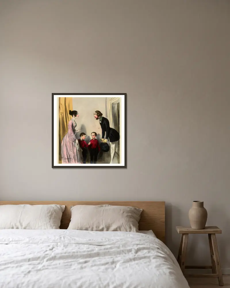 Adjö, madame, på återseende snart. Mamma sa att han var dum och tråkig. Där ser man av Paul Gavarni inramad på en vägg