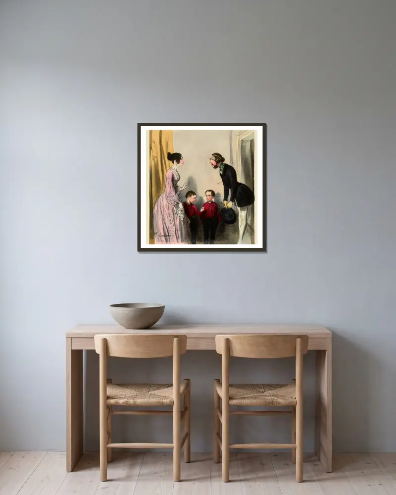 Adjö, madame, på återseende snart. Mamma sa att han var dum och tråkig. Där ser man av Paul Gavarni inramad på en vägg