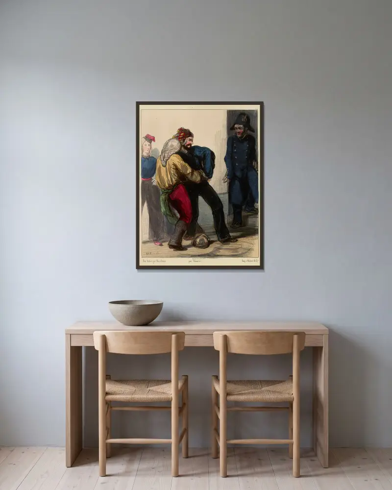 Allons Allons Mazuri Tiens-toi, allons av Paul Gavarni inramad på en vägg