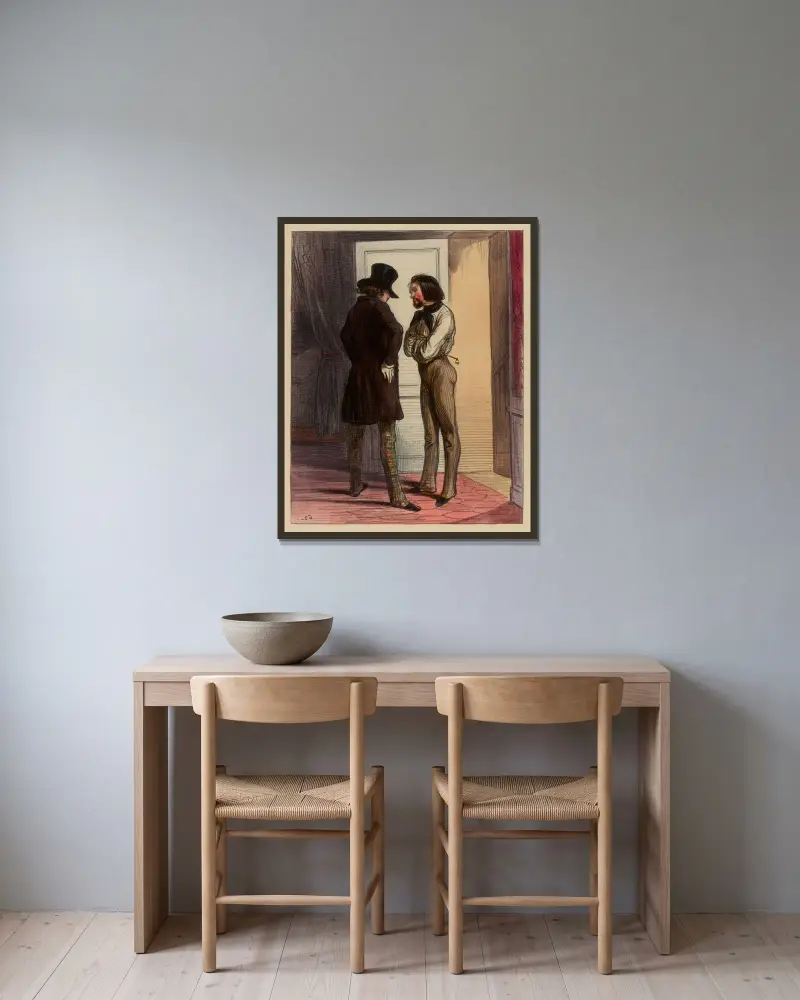 Allons, Mon vieux Vautour, il faut m’escompter ces petits trois cents francs là av Paul Gavarni inramad på en vägg