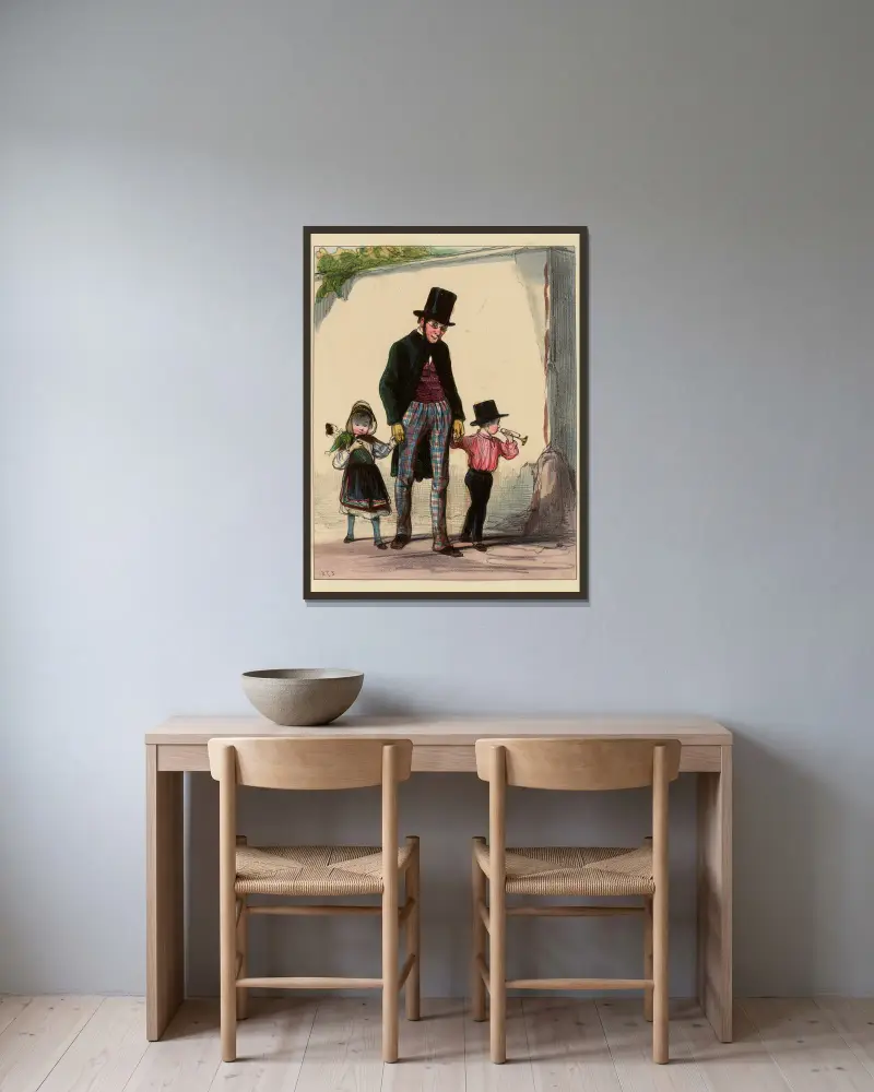 C’est bien drôle que ma femme devait diner chez Maman Coquardeau et que je n’y trouve que les petits. c’est bien drô av Paul Gavarni inramad på en vägg
