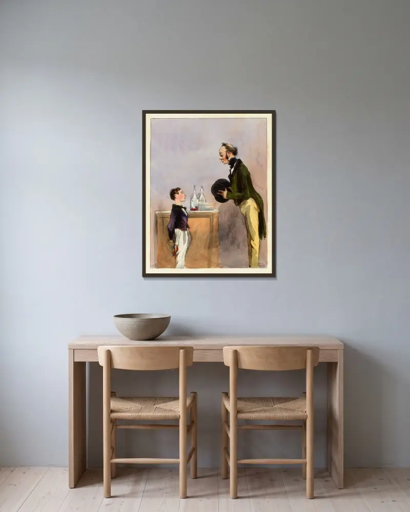 C’est vous qu’êtes le grand sec qui vient toujours pour diner. Monsieur, Papa n’y est pas av Paul Gavarni inramad på en vägg