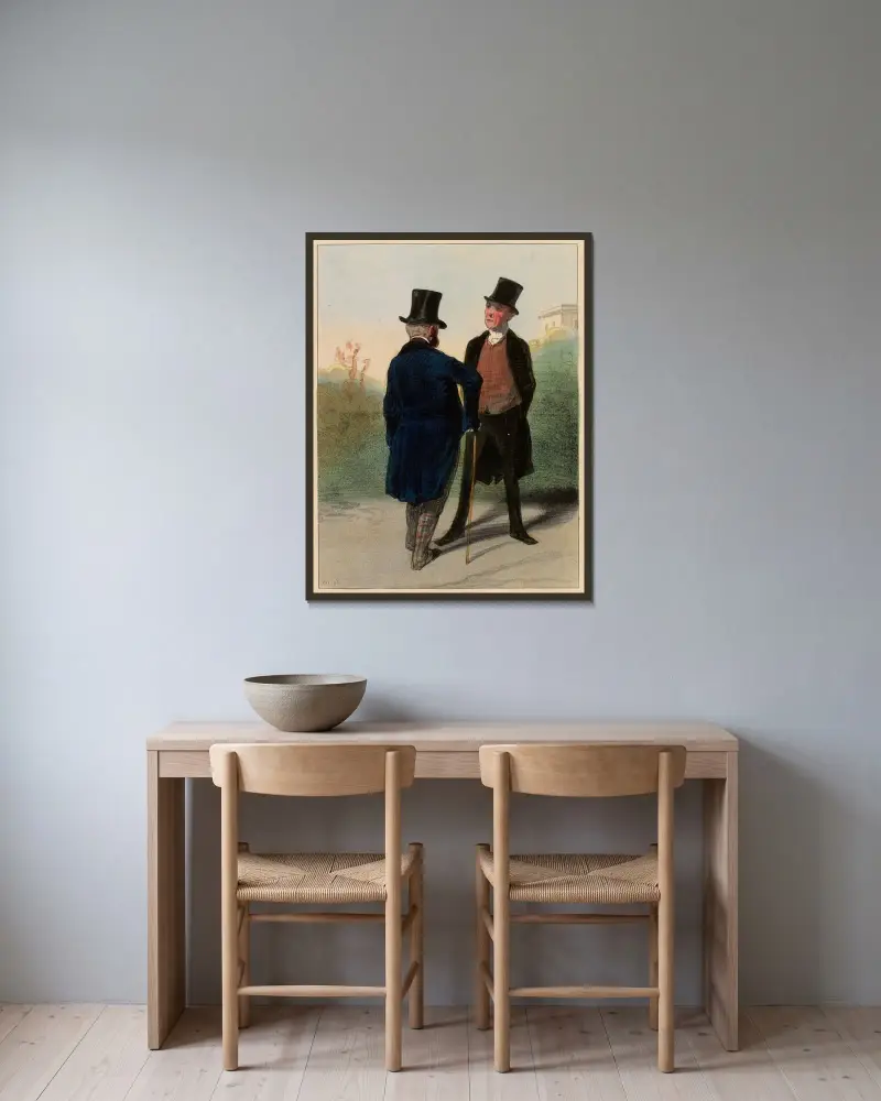 Eh Parbleu, c’est chez mademoiselle de Beaupertuis que j’ai eu l’honneur de faire votre connaissance av Paul Gavarni inramad på en vägg