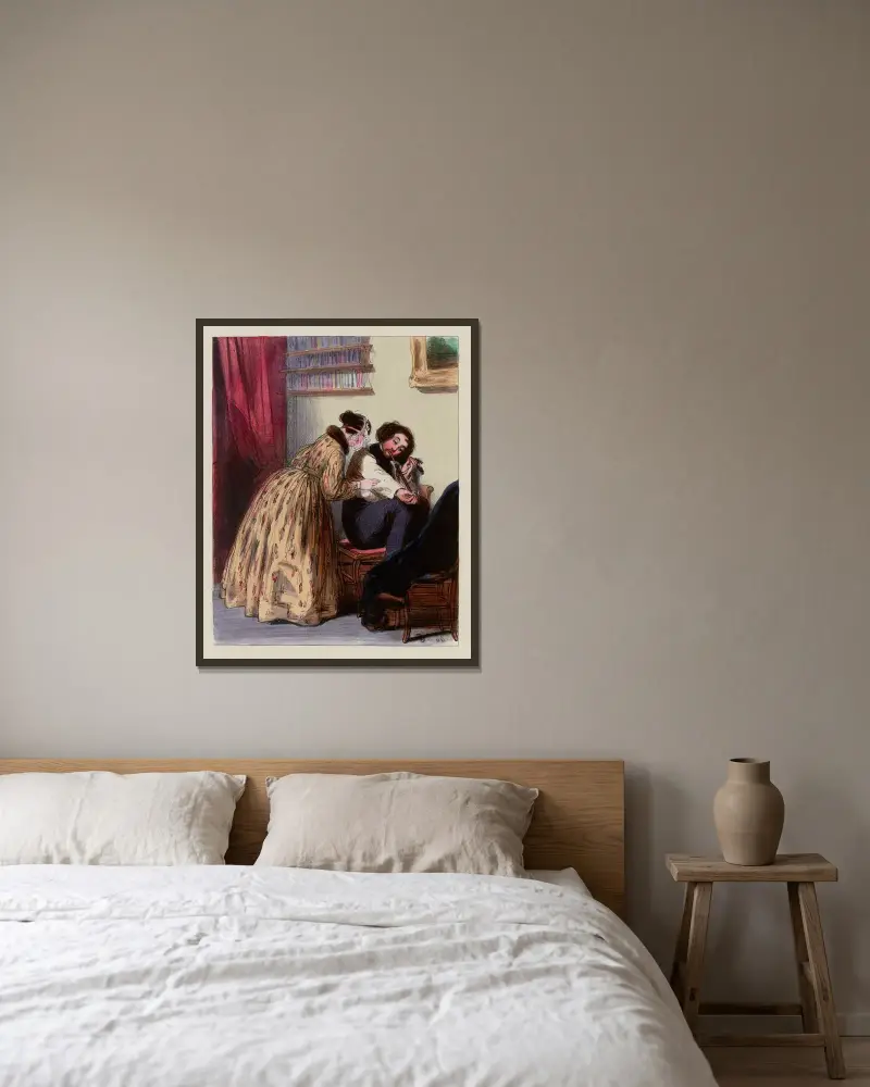 Lässt er auch euer Erzieher schwarze Nadeln auf eurem Kopfkissen liegen von Paul Gavarni gerahmt an einer Wand