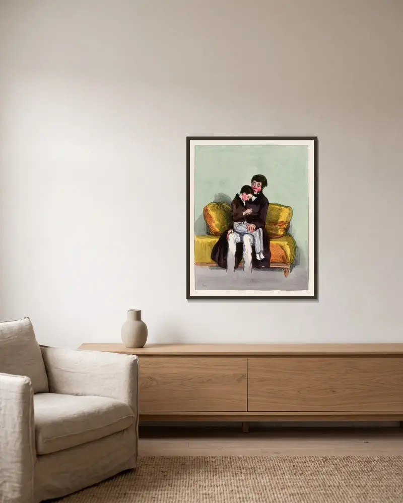 Est-ce que c’est vrai, Mosieu d’Alby, que tu couperas des liards en quatre. sapristi comment donc que tu peux fair av Paul Gavarni inramad på en vägg