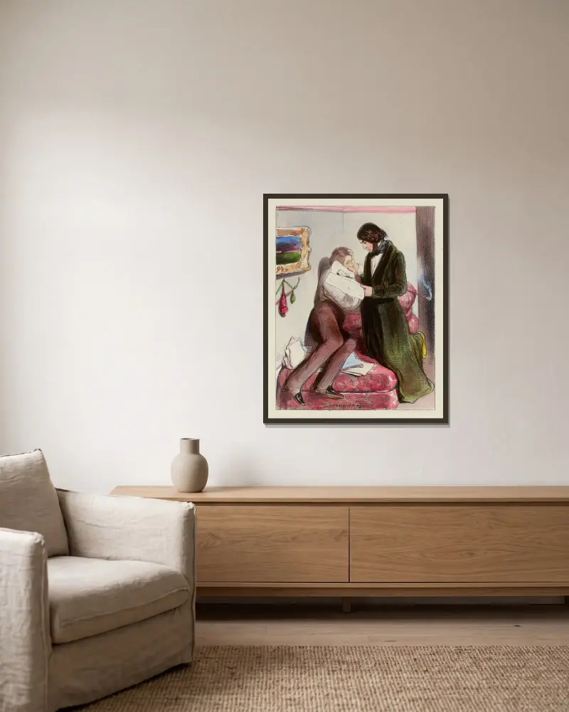 Morgenstudie von Paul Gavarni gerahmt an einer Wand