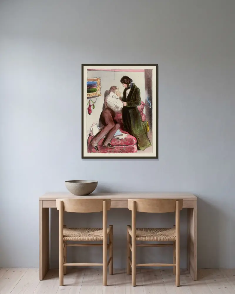 Morgenstudie von Paul Gavarni gerahmt an einer Wand