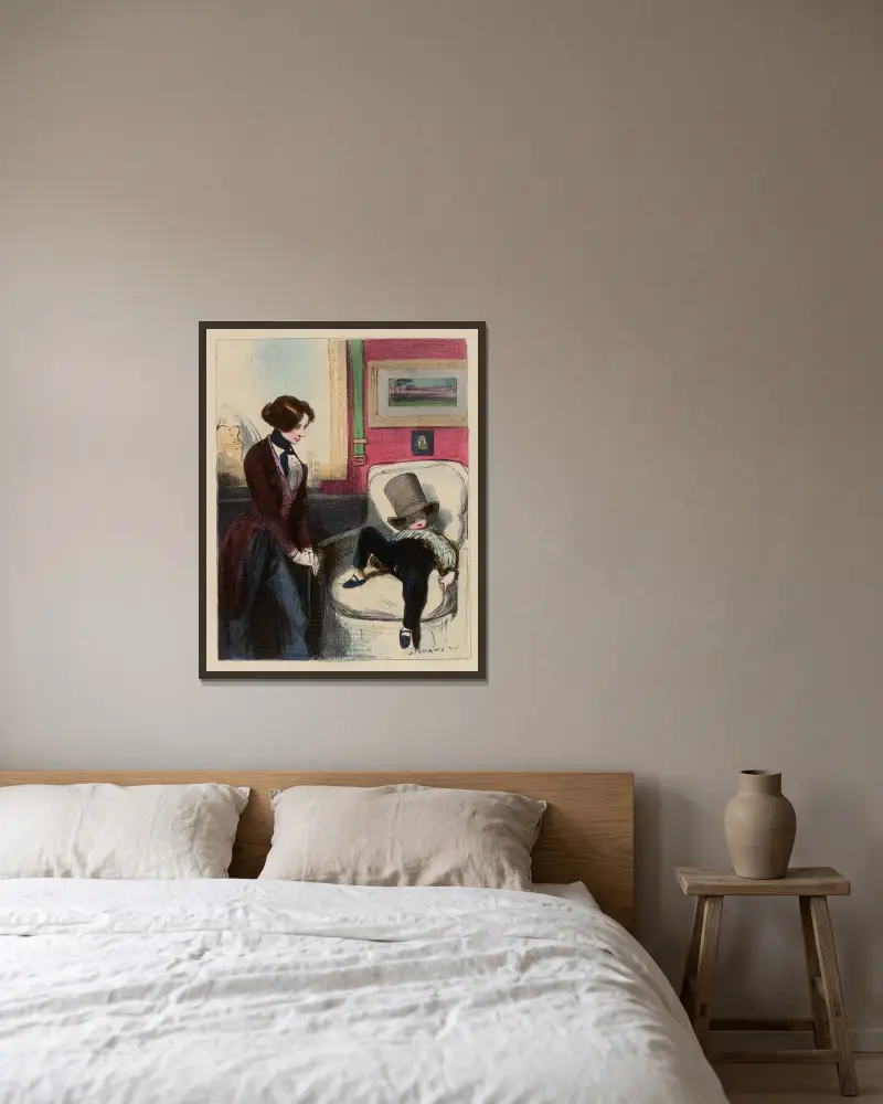 Grand Papa sa fiché de petite maman, parceque petite Maman s’est fait des tetais avec du coton, na von Paul Gavarni gerahmt an einer Wand