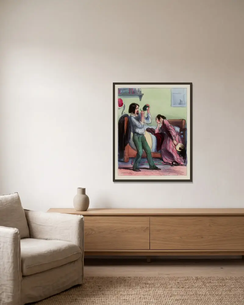 Die erste Kur von Paul Gavarni gerahmt an einer Wand