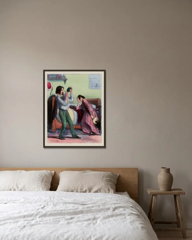 Die erste Kur von Paul Gavarni gerahmt an einer Wand