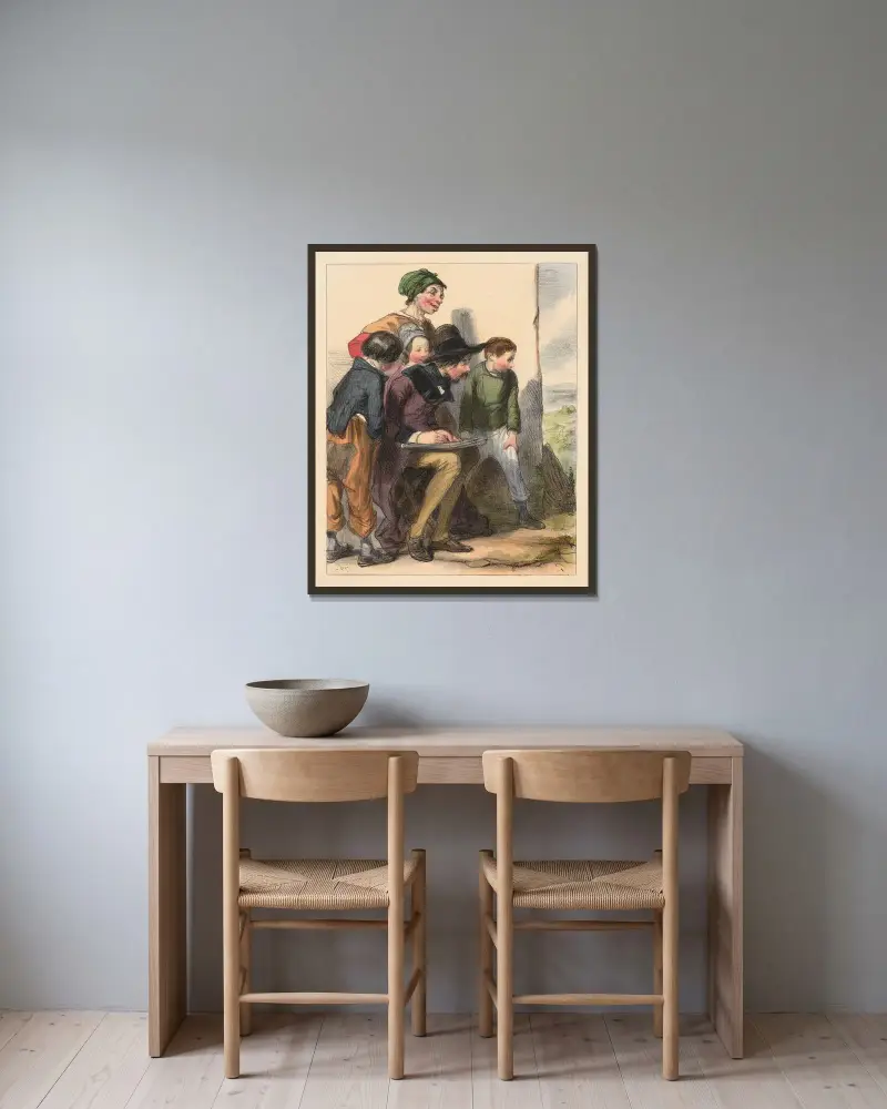 Die Künstler, oh schön! Frau Jean! Da kommt der, der euren Garten umgräbt! von Paul Gavarni gerahmt an einer Wand