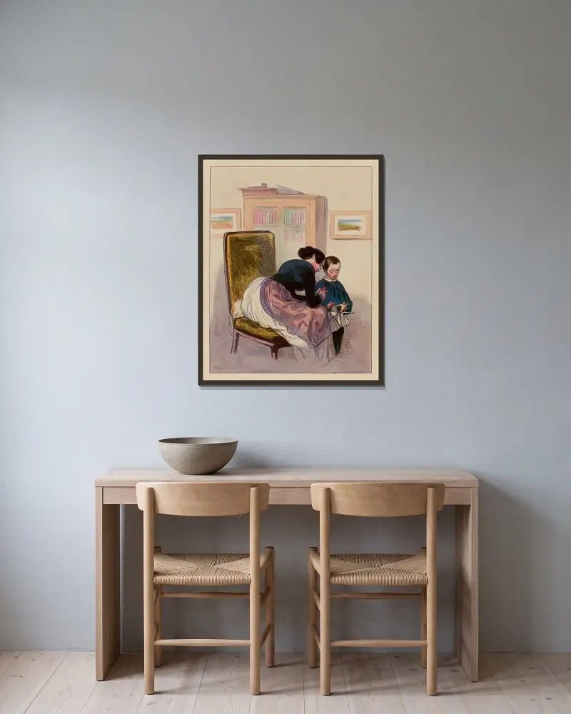 Ma bonne bisque, va M’man, de se lever comme ça de bonne heure. mais il était joliment sucré le café av Paul Gavarni inramad på en vägg